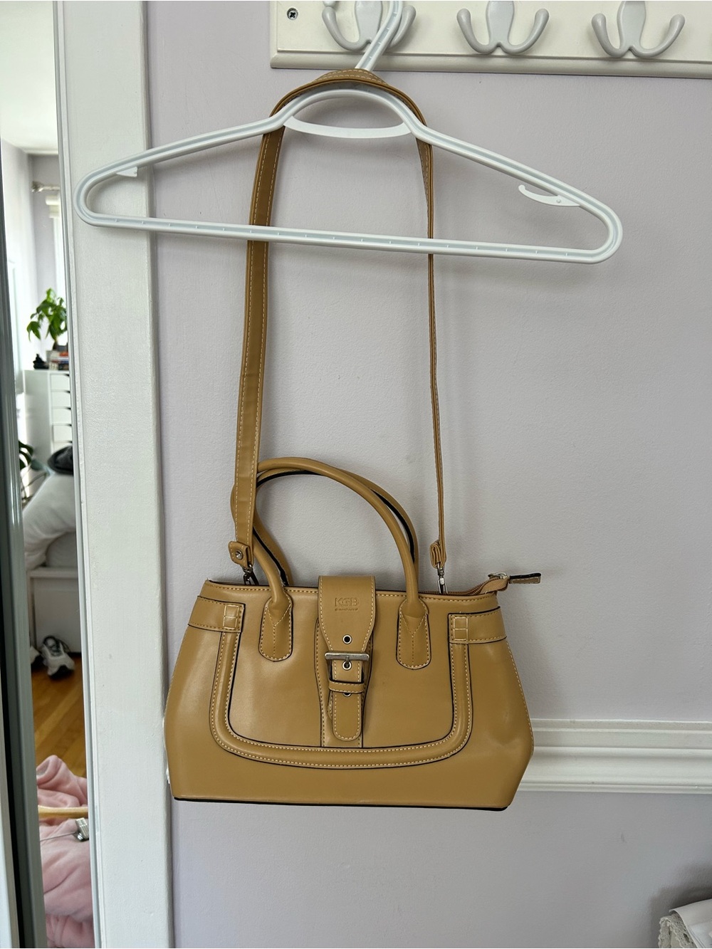 Classic Tan Satchel with Top Handles and Adjustable Strap